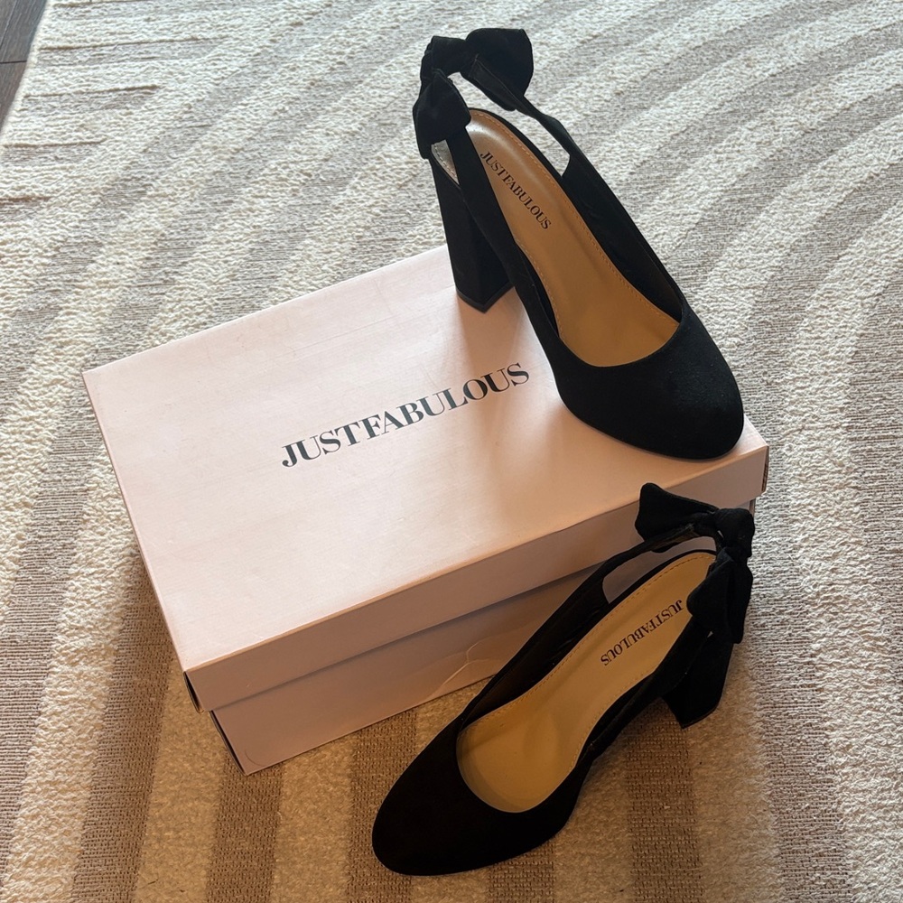 JustFab Black Suede Block Heels with Ankle Bow